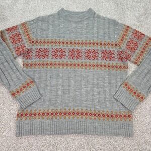 Vintage Kingsport Gray Fair Isle Cable Knit Sweater Mens Medium Snowflake